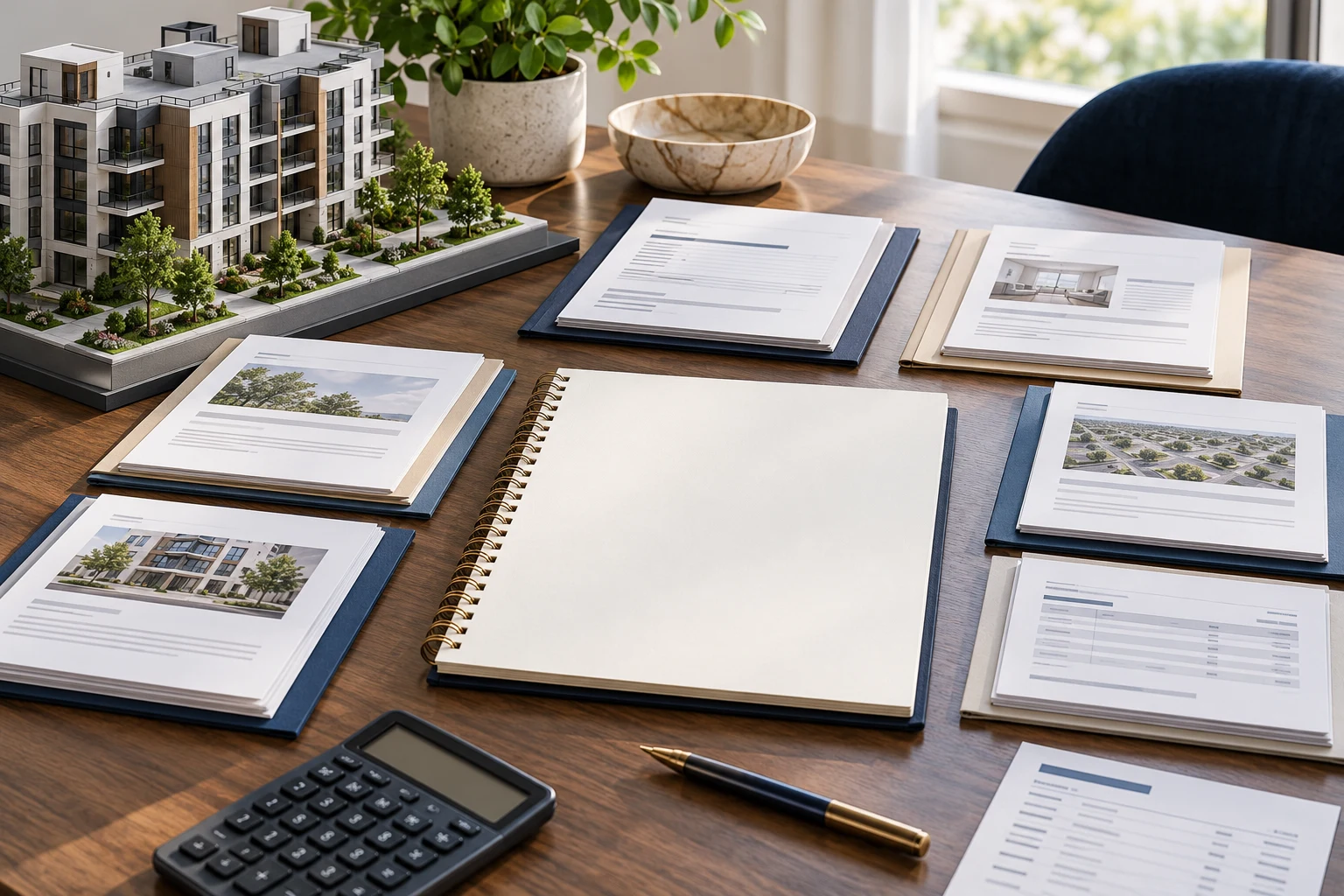 Separate payment evidence packets beside a property model and blank event notebook