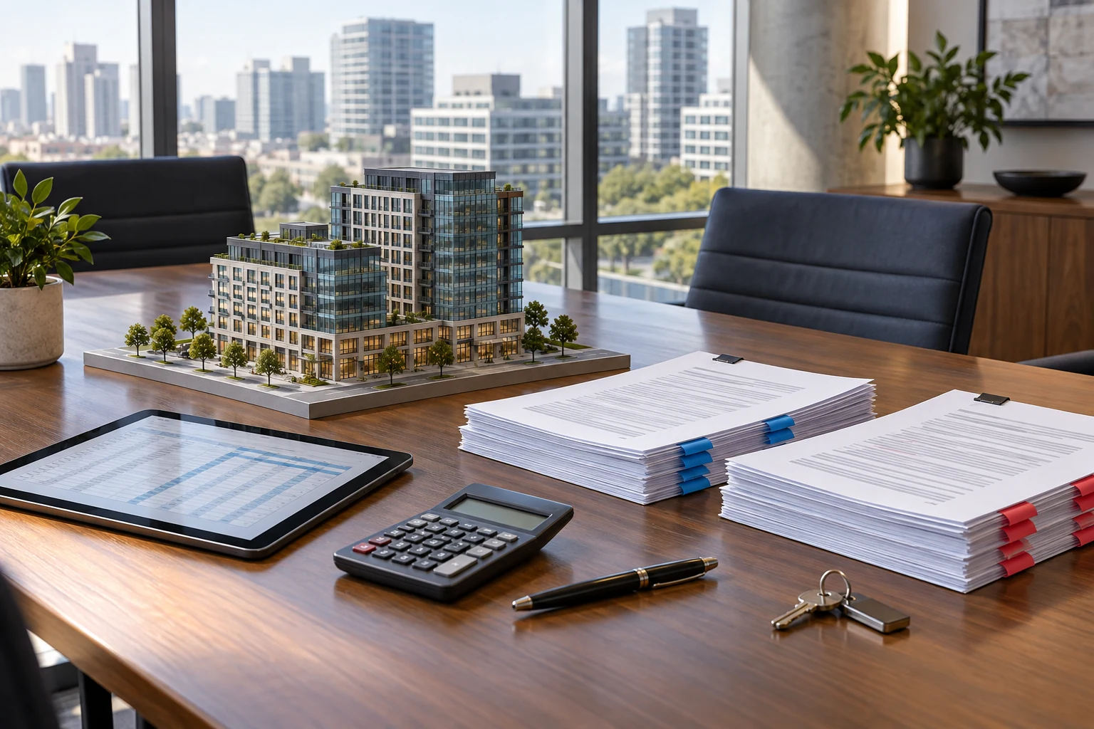 Two versions of a proposed property contribution package beside a property model and calculator