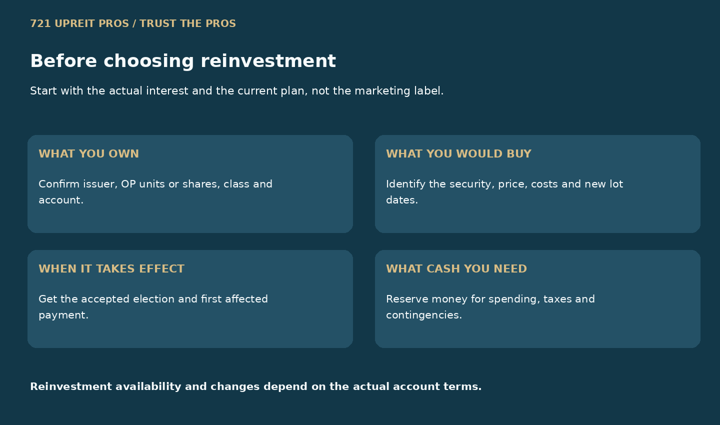 Four checks before reinvestment: existing interest, new purchase, effective date and cash needs