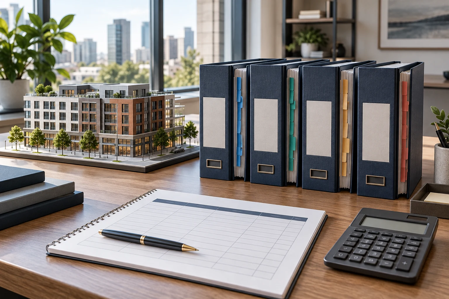 Commercial property model beside four organized depreciation and tax-record folders