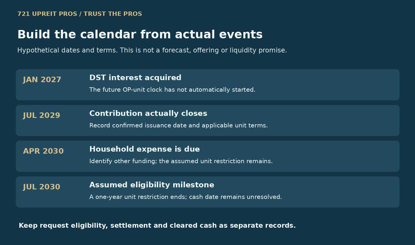 Hypothetical timeline from January 2027 DST purchase to July 2029 contribution and July 2030 OP-unit eligibility, with cash timing unresolved