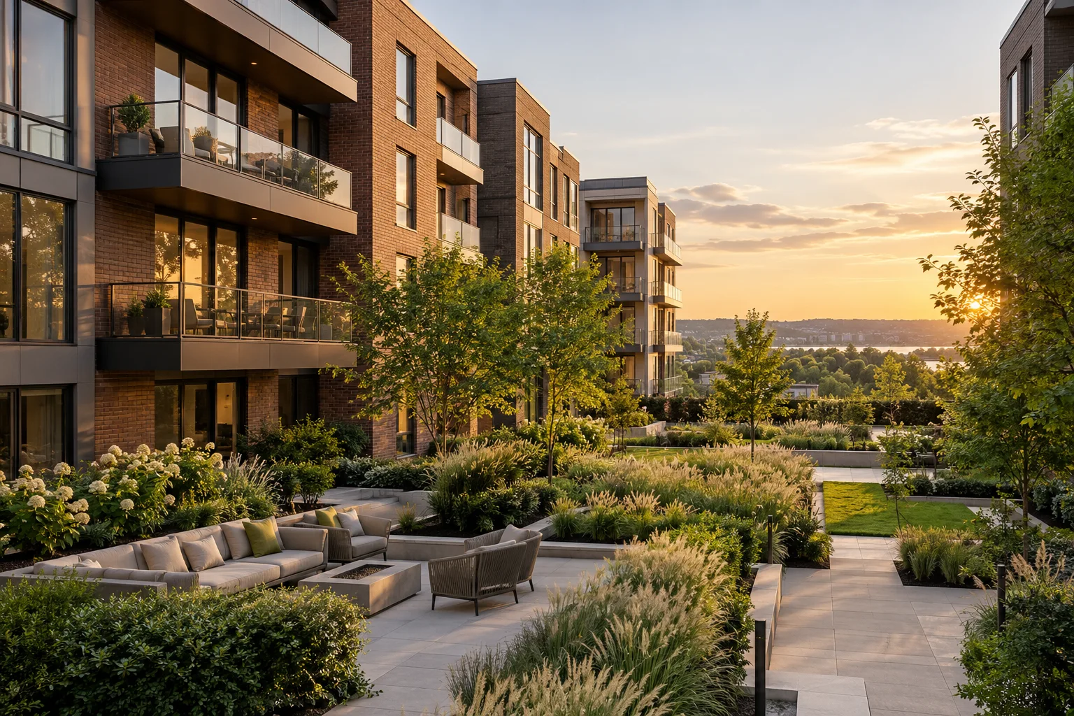 Illustrative modern apartment community with landscaped outdoor spaces