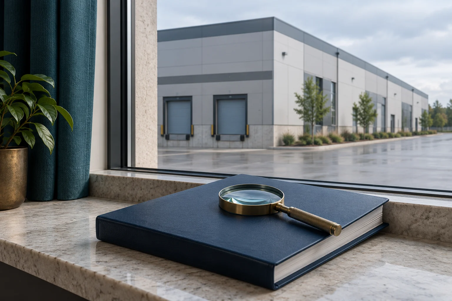 Closed agreement folder and magnifying glass overlooking industrial property