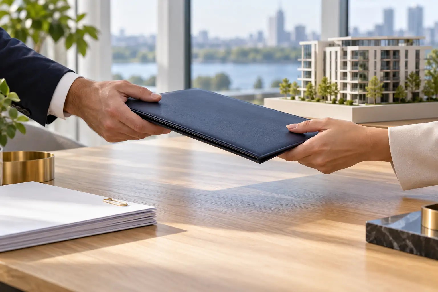 Anonymous hands exchanging a document folio while a property model and account records remain on the desk