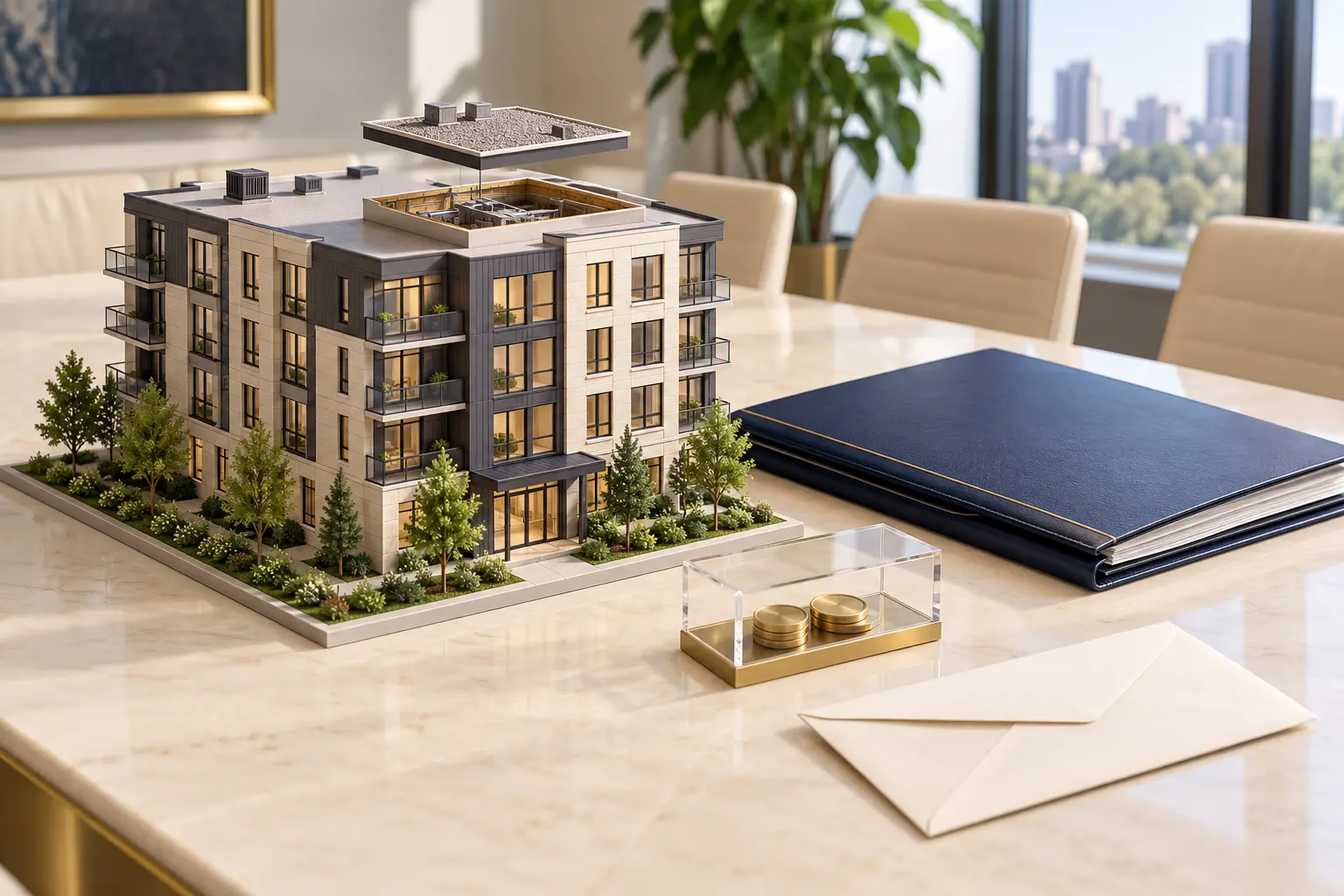 A fictional apartment model, sealed legal folder, reserve box and unopened envelope arranged separately