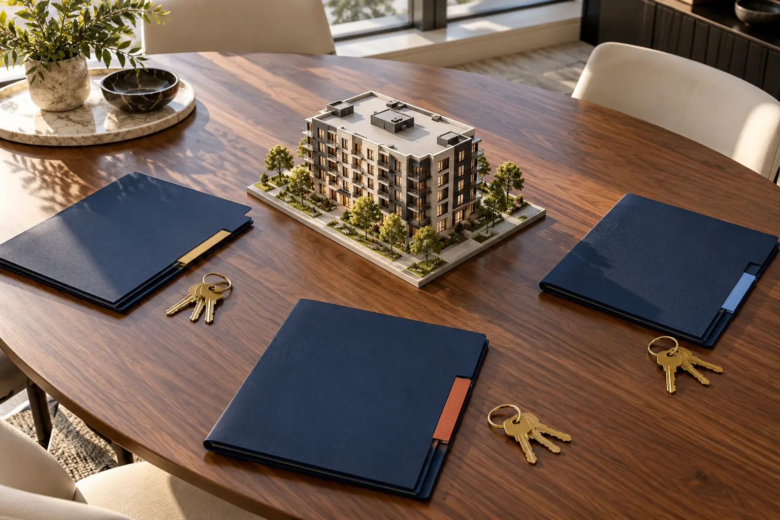 Three differently tabbed folders and key rings around a fictional apartment model