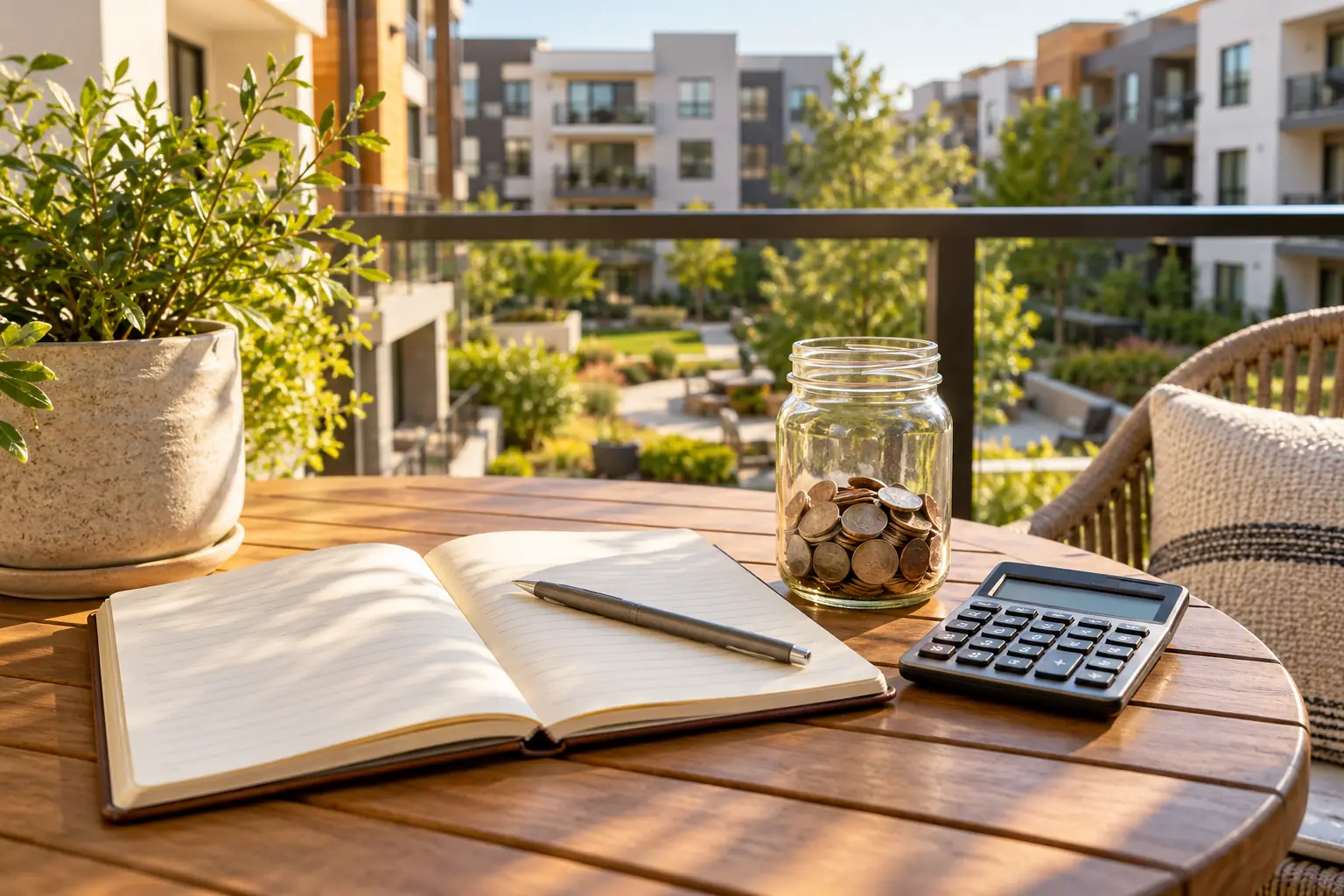 Blank budget notebook, calculator and partly filled coin jar overlooking an apartment courtyard
