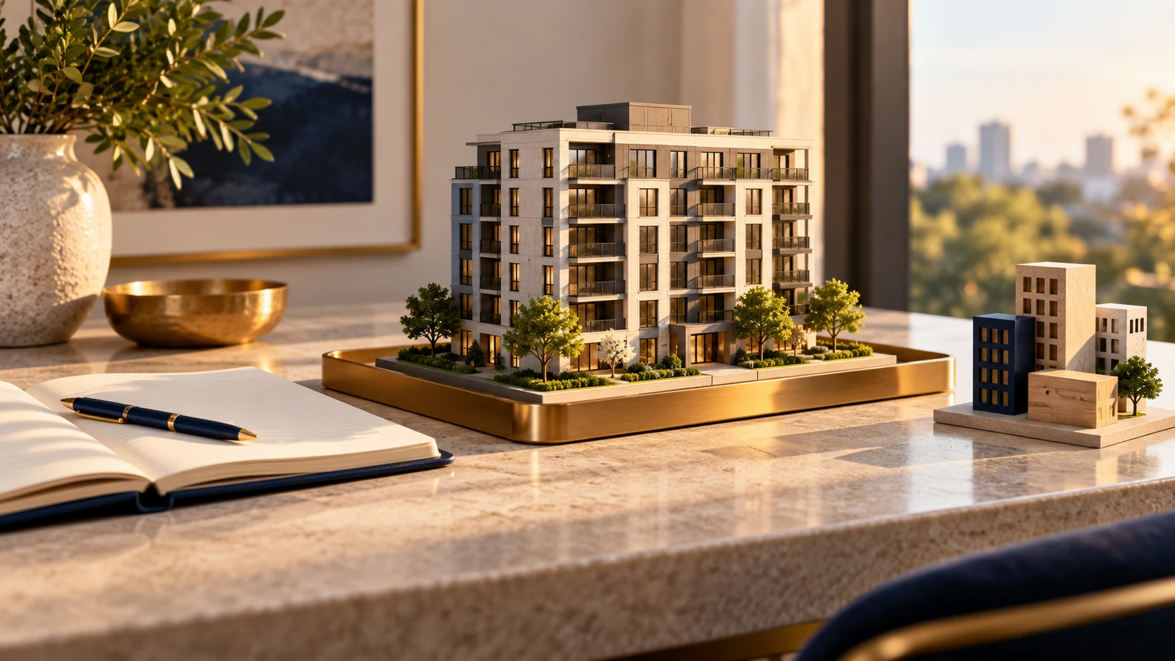 Illustrative apartment building model beside a budgeting notebook and separate miniature buildings