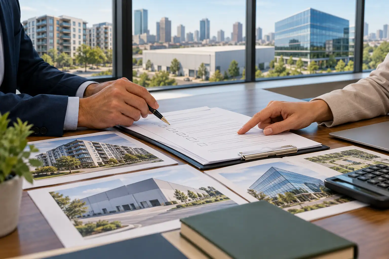 Two professionals reviewing an anonymous commercial-property eligibility checklist