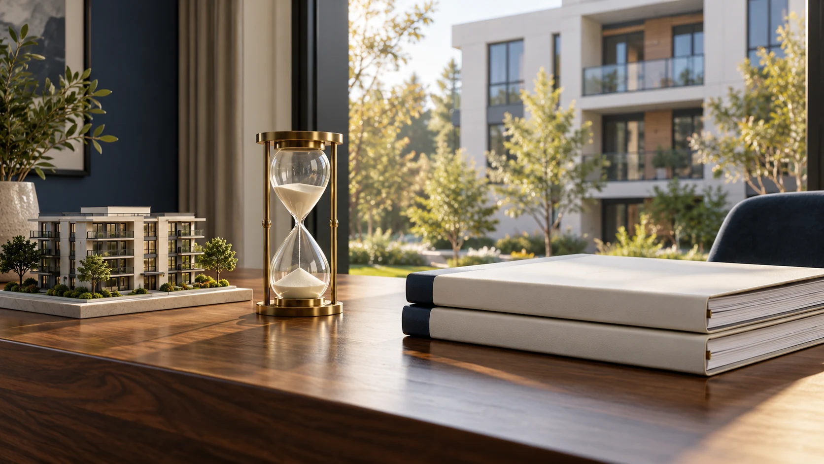 Hourglass and blank folders beside an apartment model overlooking illustrative real estate