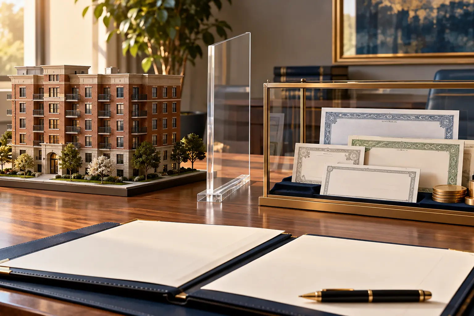 An apartment model separated from unmarked investment certificates by a transparent divider