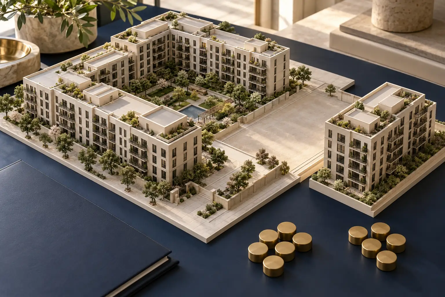 An apartment courtyard model with an additional building wing and separate groups of unmarked ownership tokens
