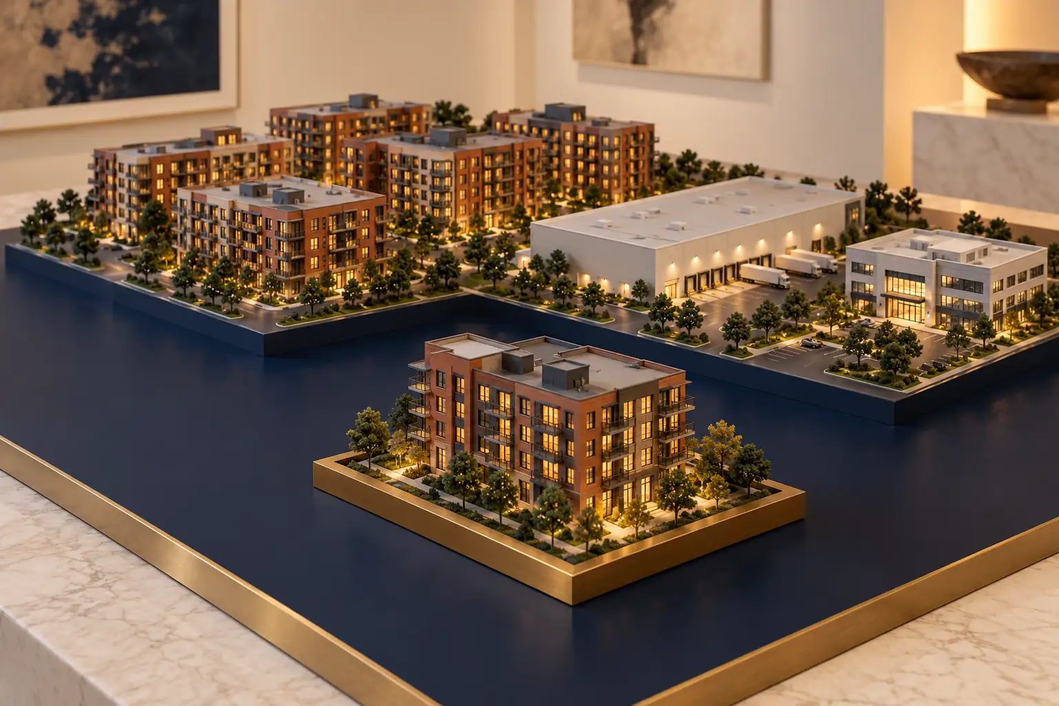 A separate apartment model beside a mixed portfolio of apartment, warehouse and office models