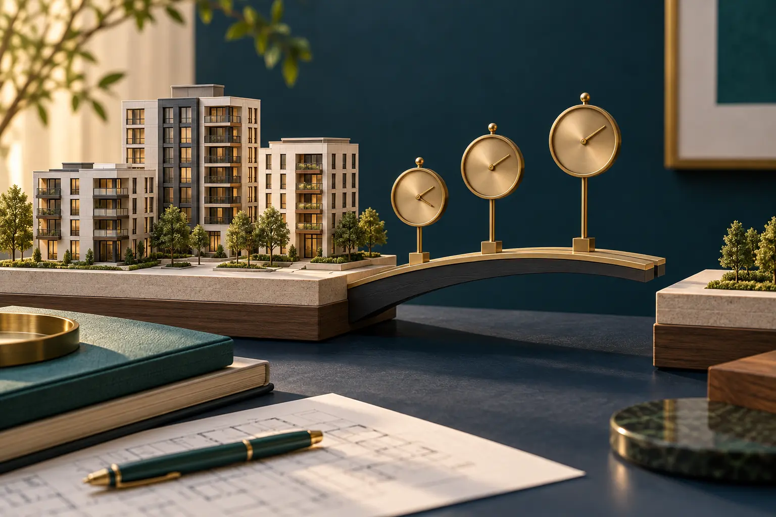 Fictional apartment models beside three brass clocks and a small bridge gap