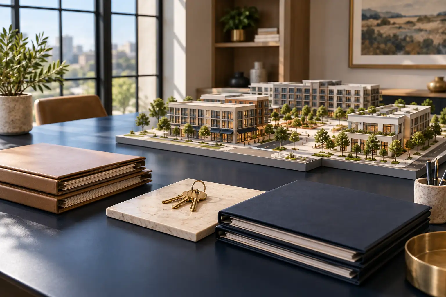 Fictional property model between two sets of management folders and a brass key handoff zone