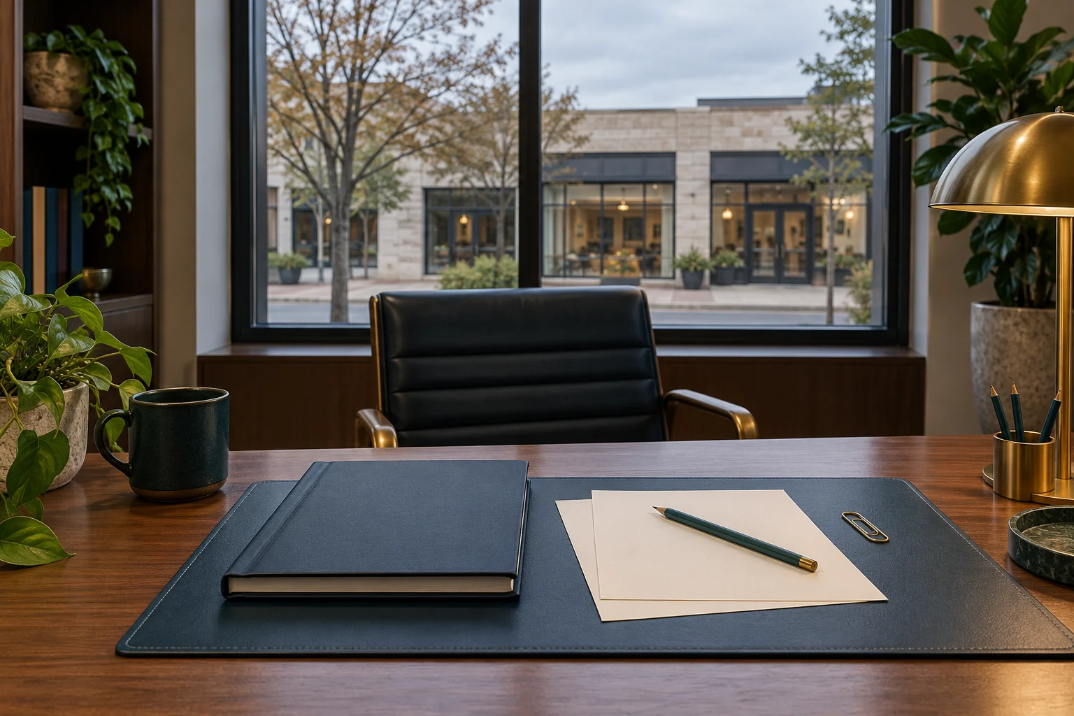 Tax-planning desk with a storefront exterior beyond the window