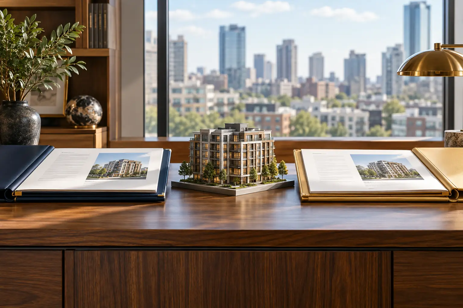 Two document portfolios beside one apartment-building model, illustrating comparison of ownership terms