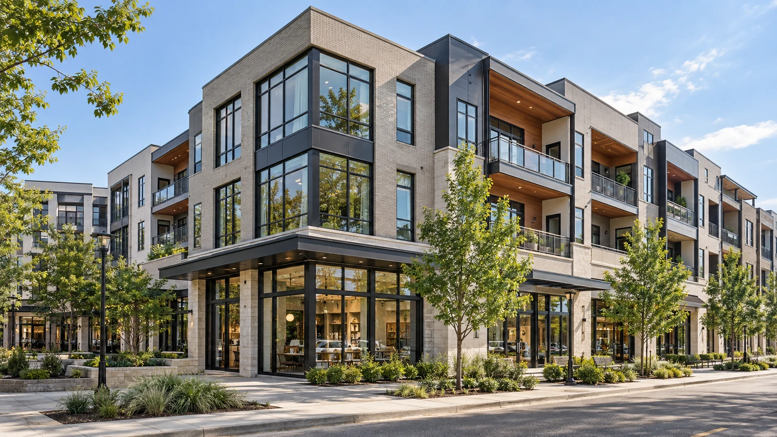 Illustrative modern mixed-use property representing a real estate asset evaluated for a potential UPREIT contribution