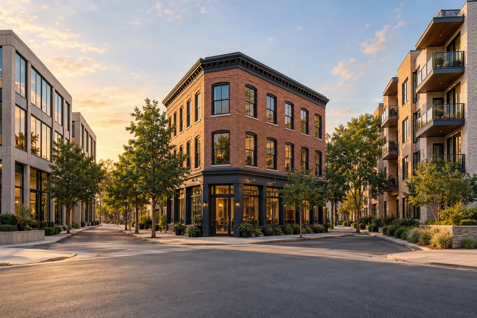 Distinct commercial property types at a calm street intersection