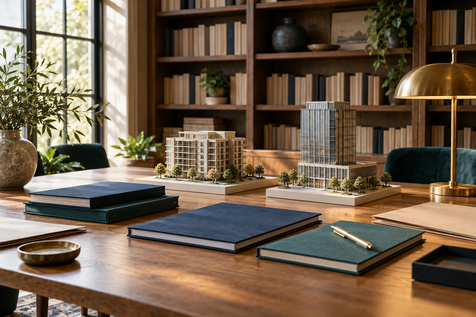 Editorial library table with notebooks and real estate models