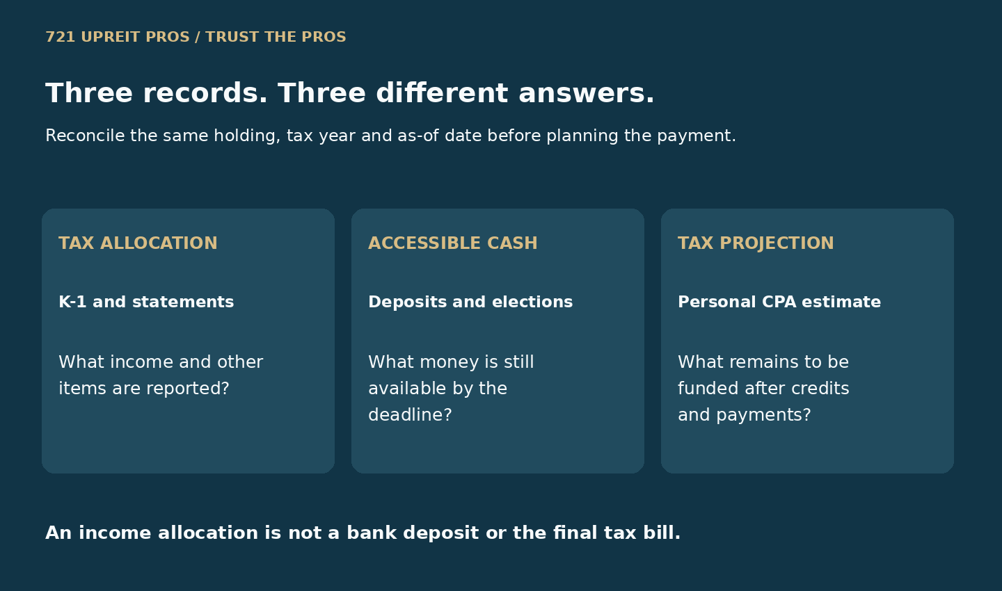 Three separate records: partnership income allocation, accessible cash, and the investor's projected tax payment