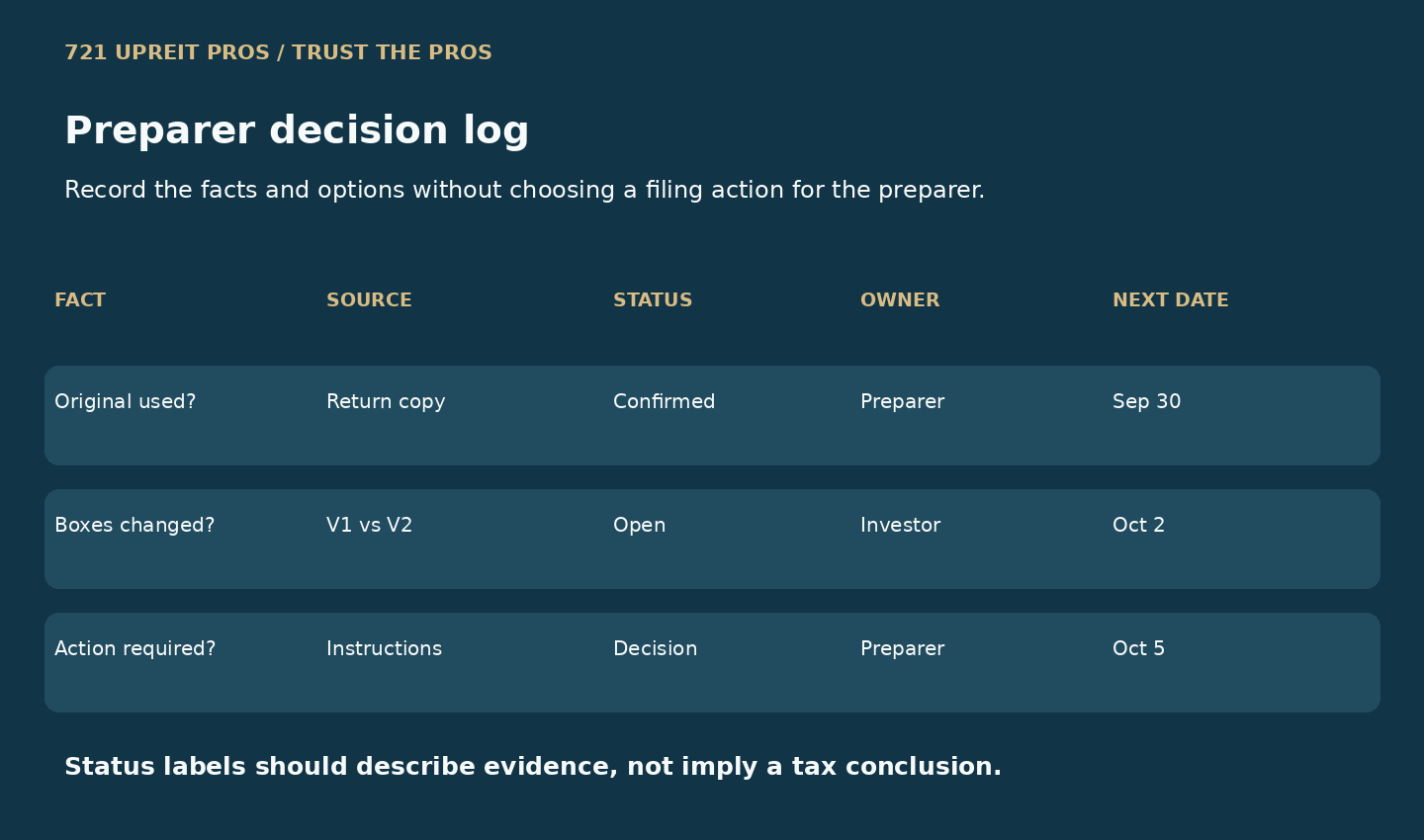 Preparer decision log with fact, source, status, owner and next-date columns
