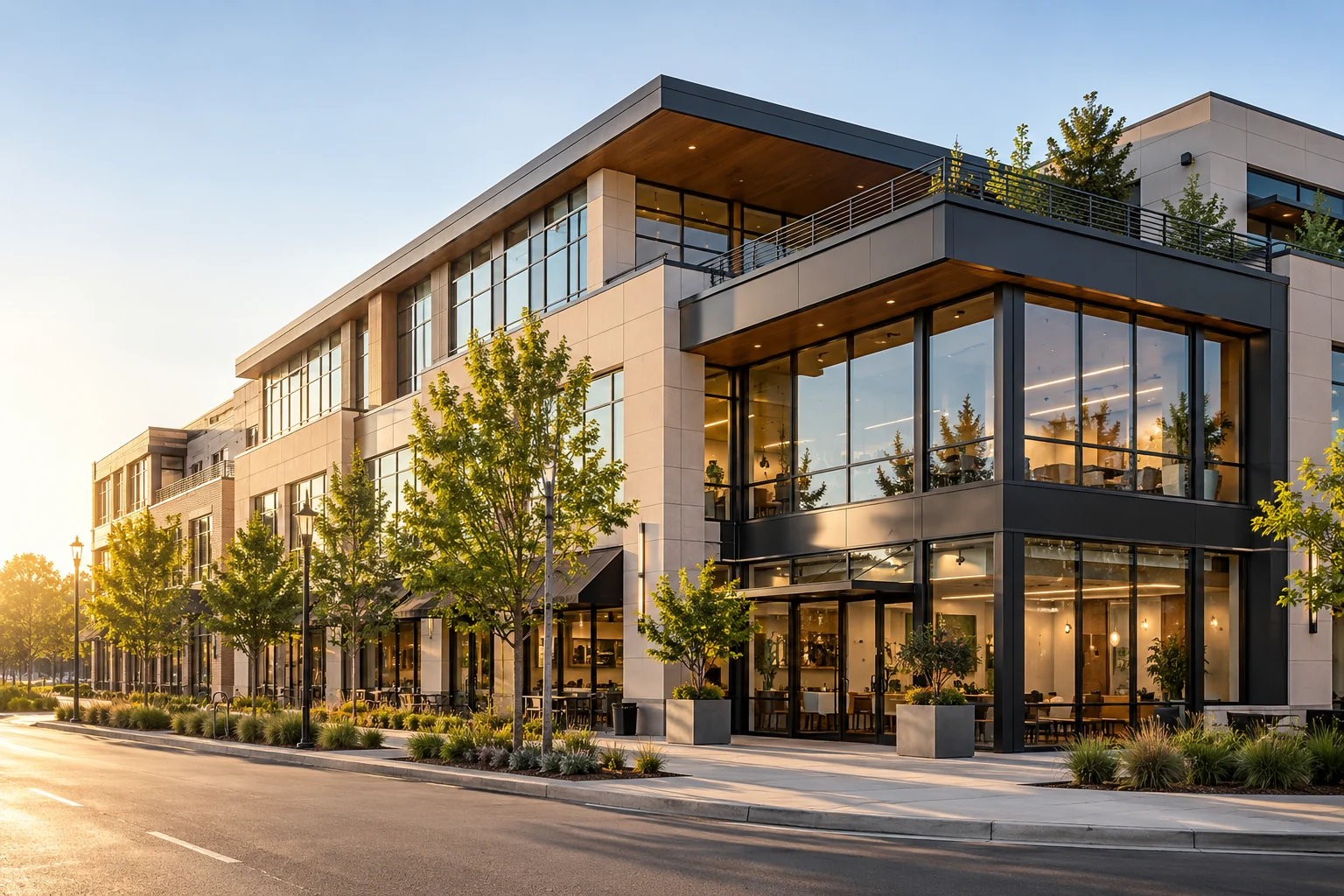 Illustrative modern mixed-use property representing operating-partnership real estate reporting