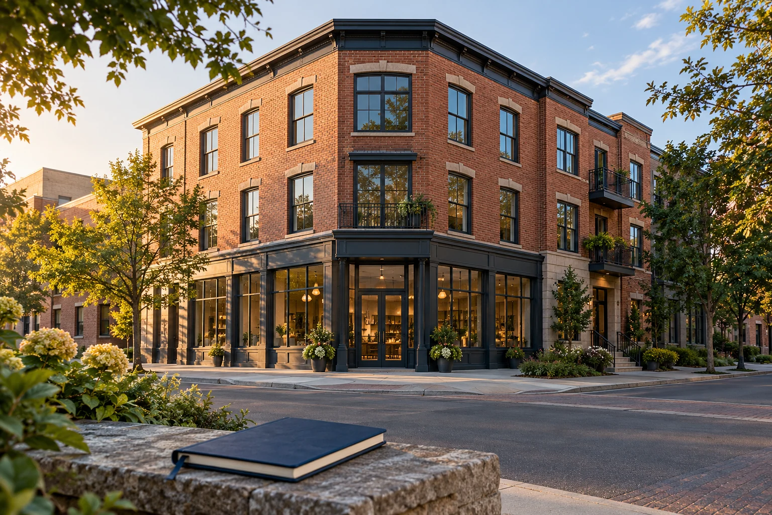 Curbside view of a mixed-use brick property