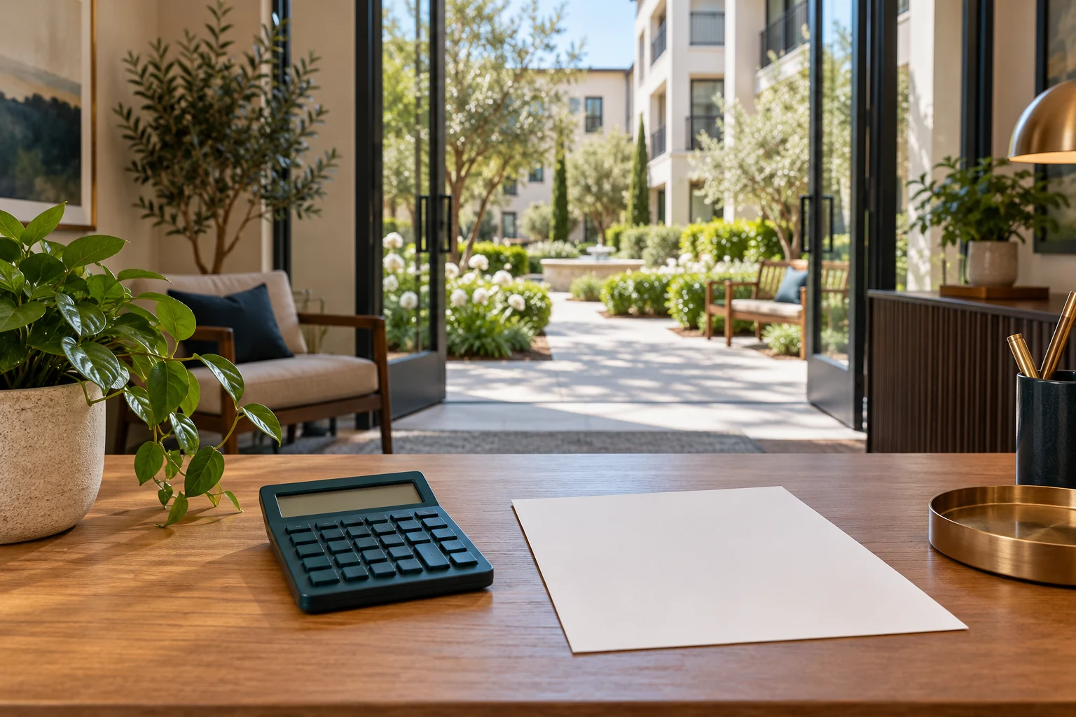Courtyard view beside an unmarked calculator and blank paper