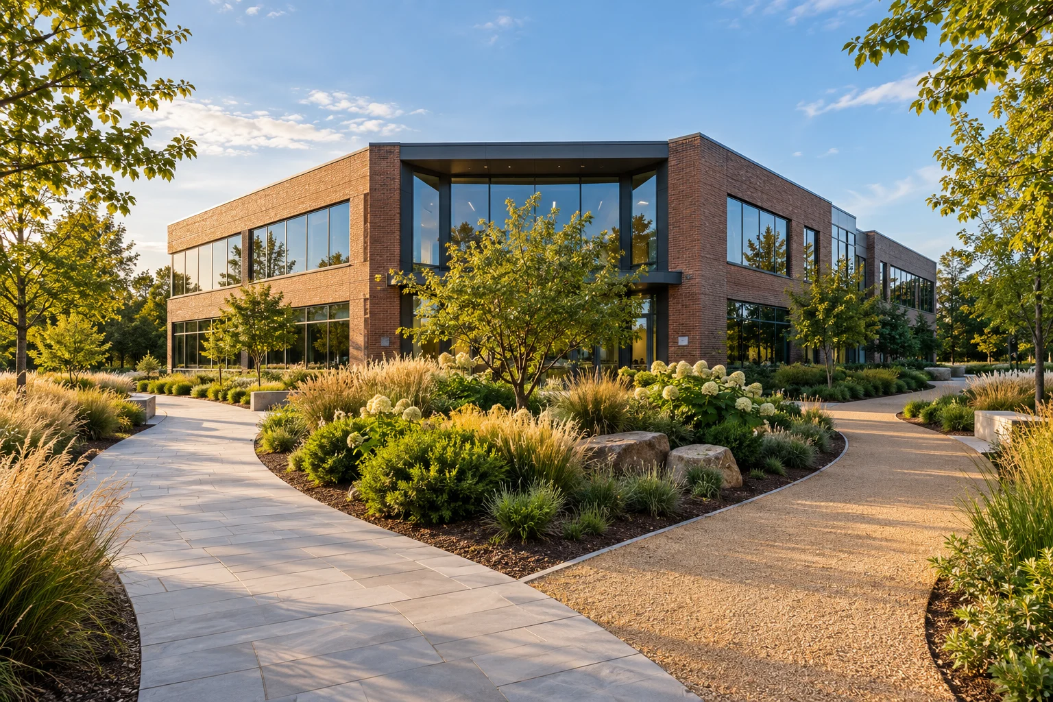 Two pedestrian pathways around a commercial building