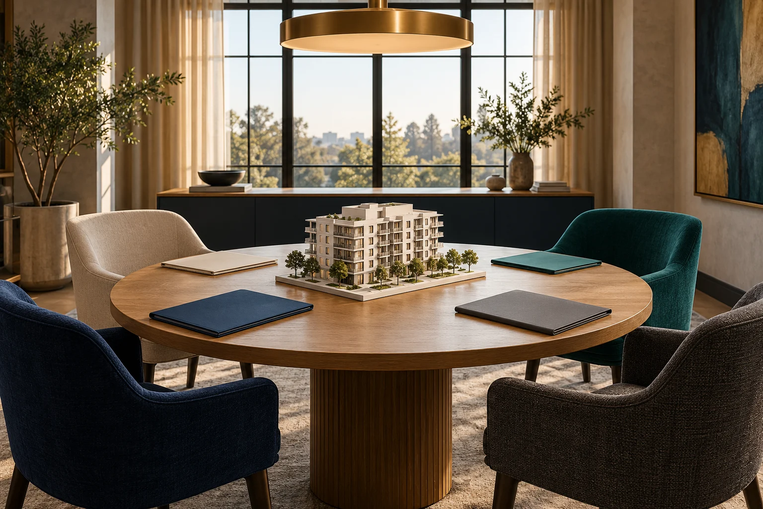 Conference table with distinct seats and a property model