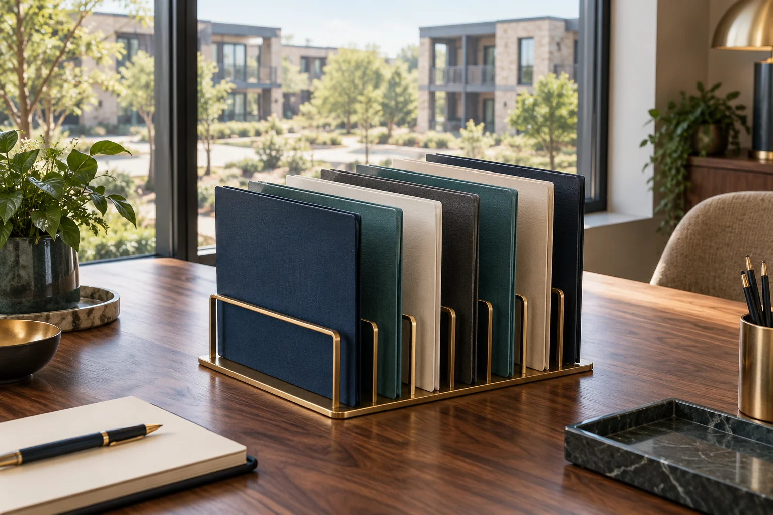 Organized seven closed folders with a multifamily building beyond the window