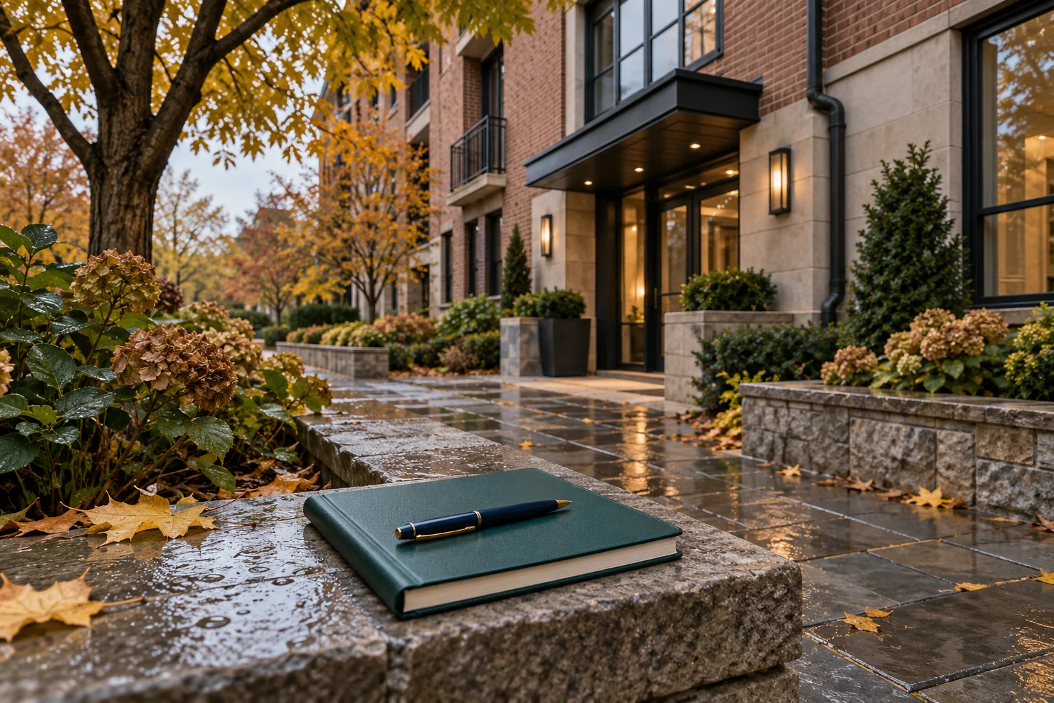 Autumn property inspection view with a closed notebook