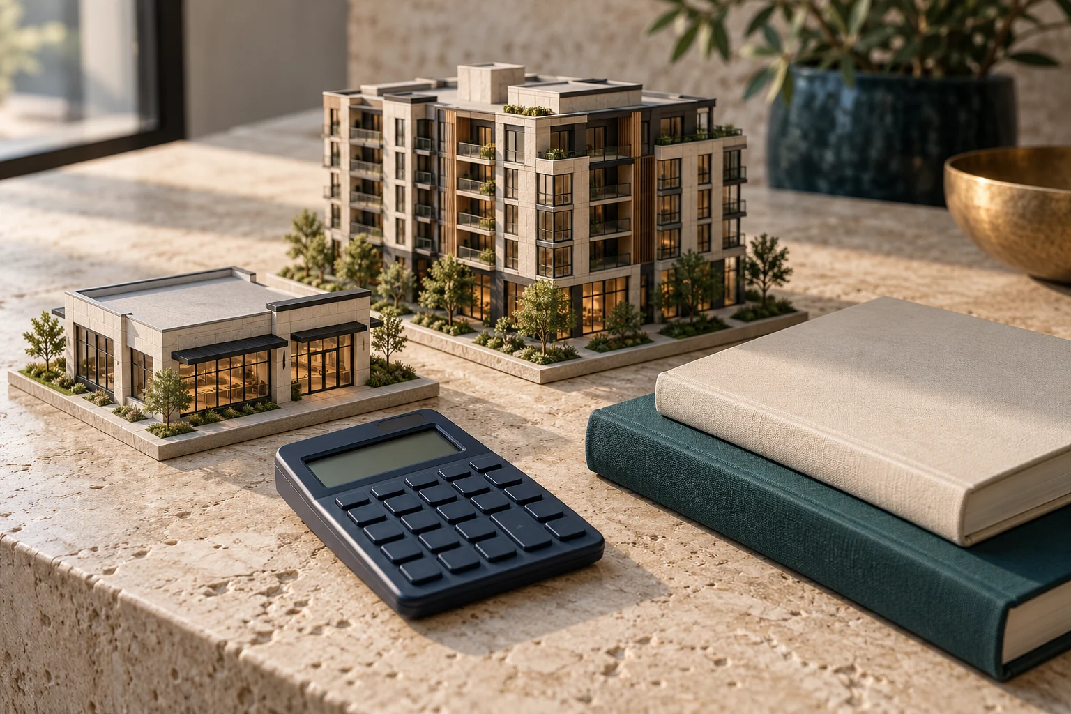 Blank calculator beside different-scale commercial property models