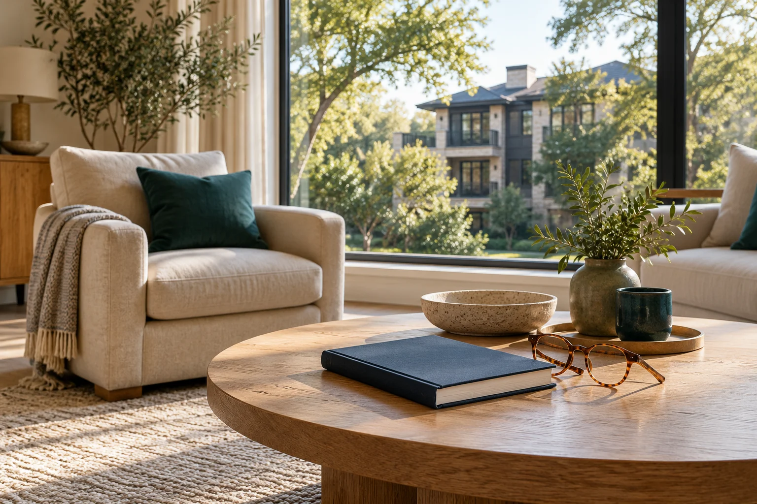 Comfortable living room with a residential property view and planning journal