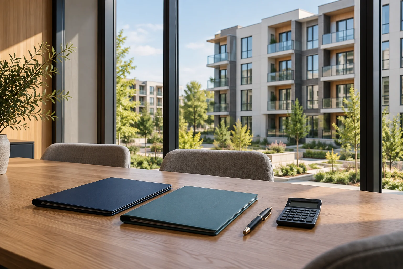 Illustrative meeting table overlooking multifamily property, prepared for an advisor-selection discussion