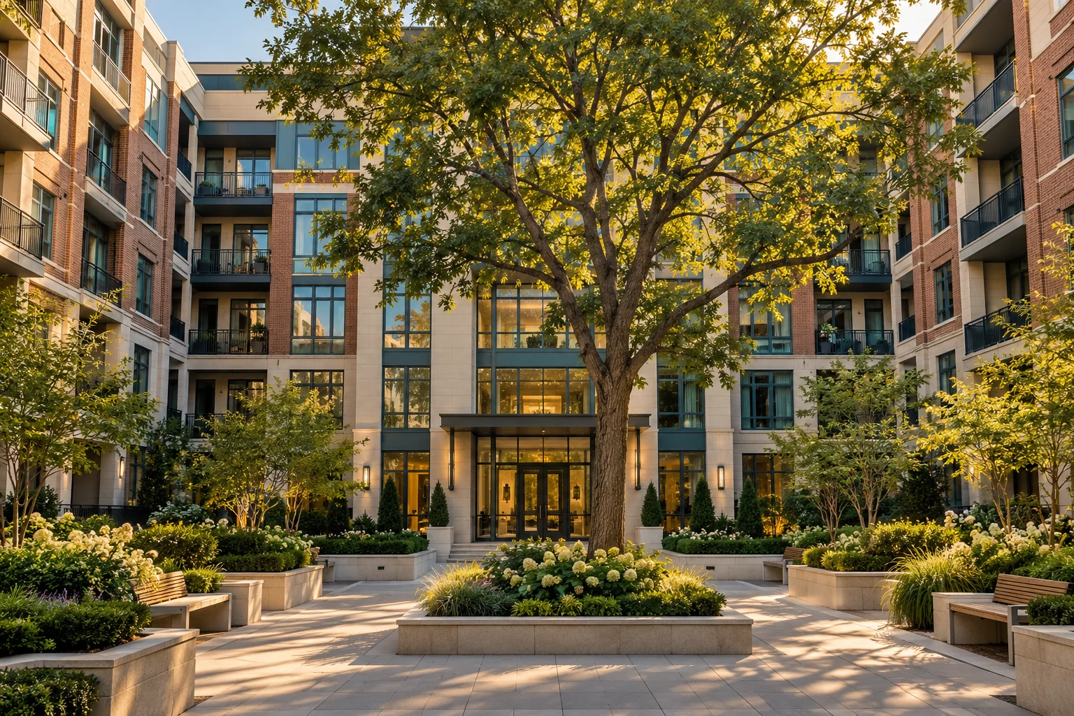 Modern multifamily property with landscaped courtyard