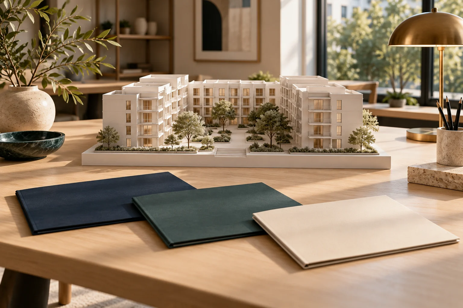 Architectural property model with three staged blank folders