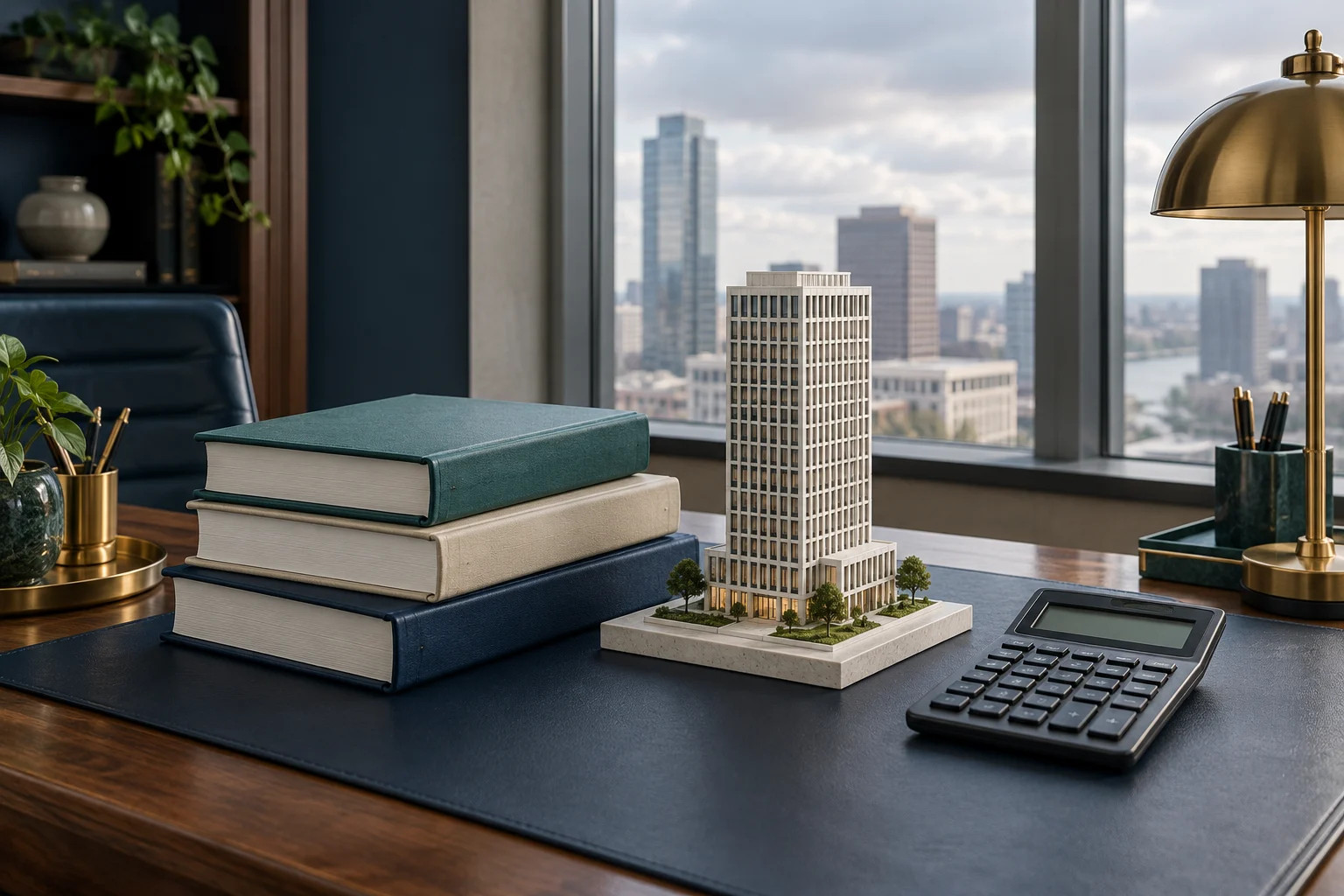 Calculator, blank ledgers and a commercial building model
