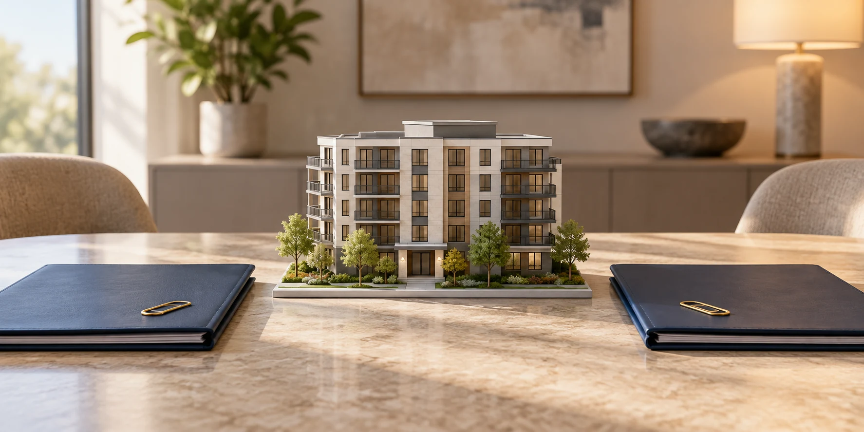 Multifamily building model between two separate navy document portfolios in a neutral meeting room