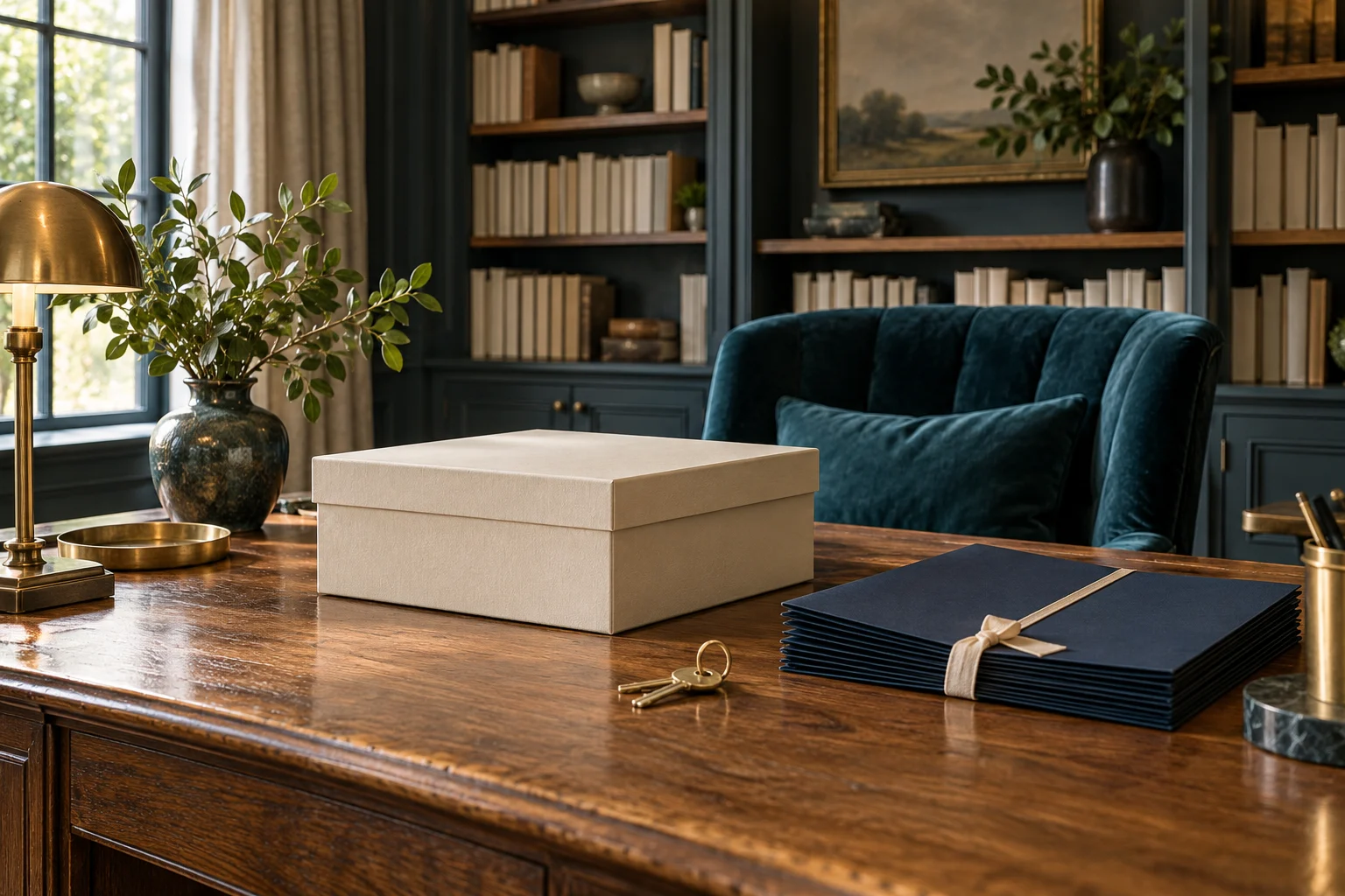 Archival document box and property keys on a library desk