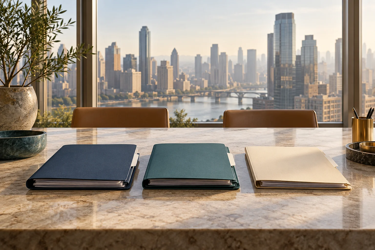 Three separate blank records folders with a skyline beyond