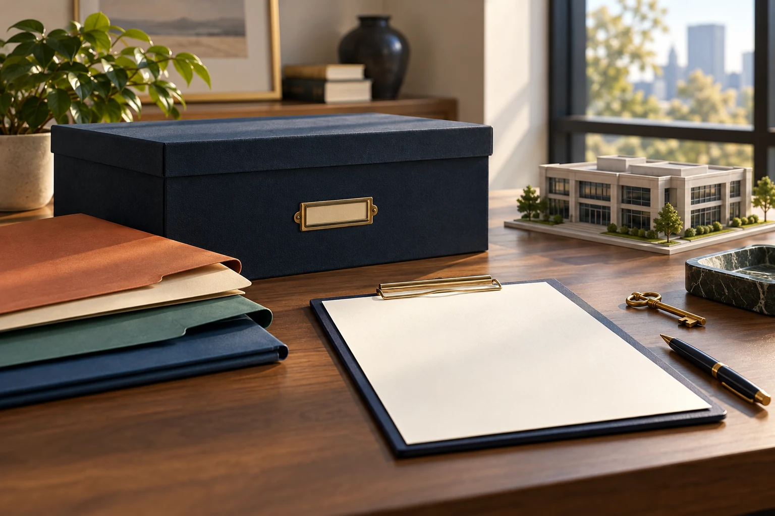 Archival box, blank valuation clipboard, tax-record folders and commercial property model