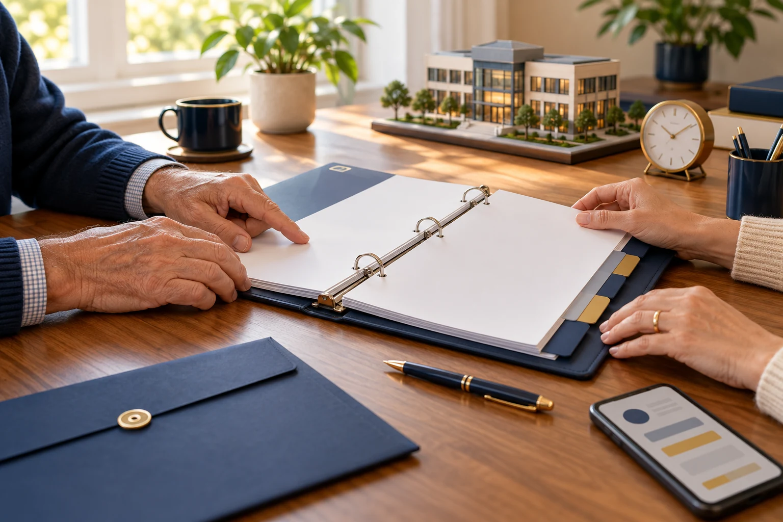 Older owner and assisting family member reviewing a blank continuity binder beside a commercial property model
