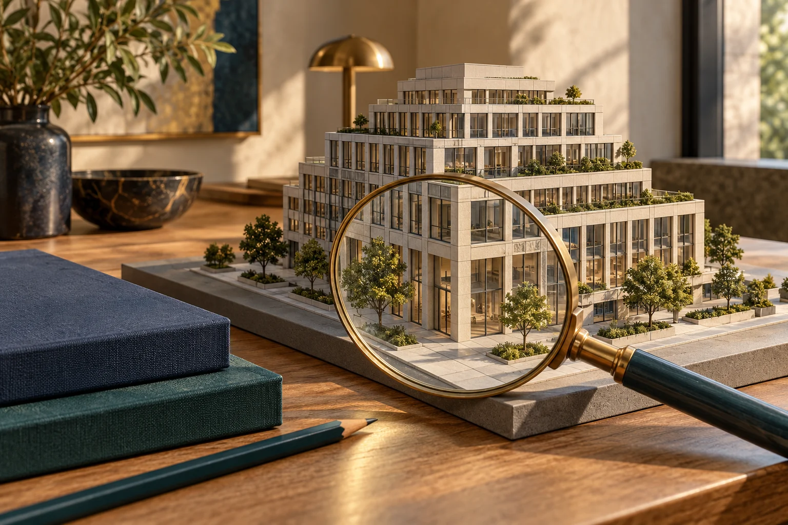 Architectural model and magnifier on a valuation workspace
