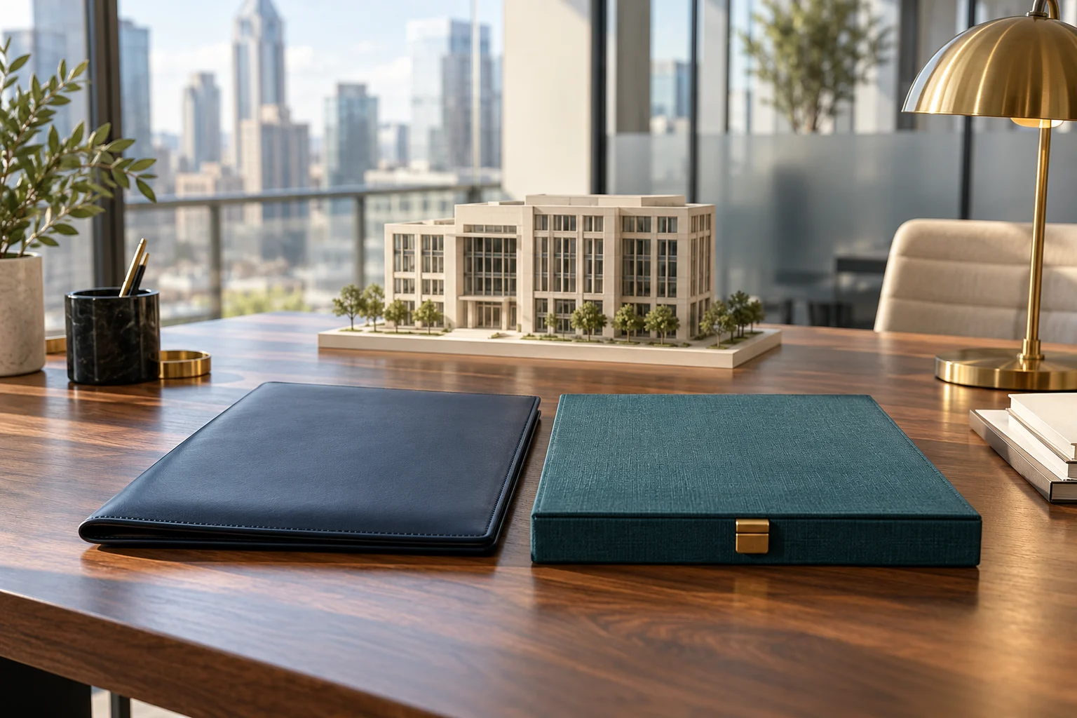 Two distinct closed portfolios on a real estate office desk