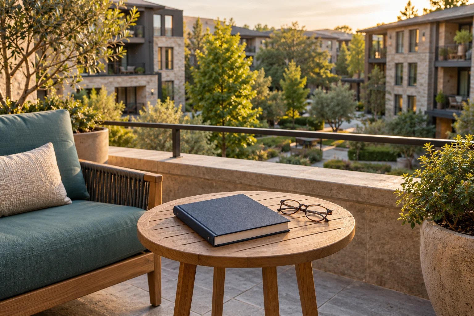 Closed planning journal on a quiet terrace overlooking residences