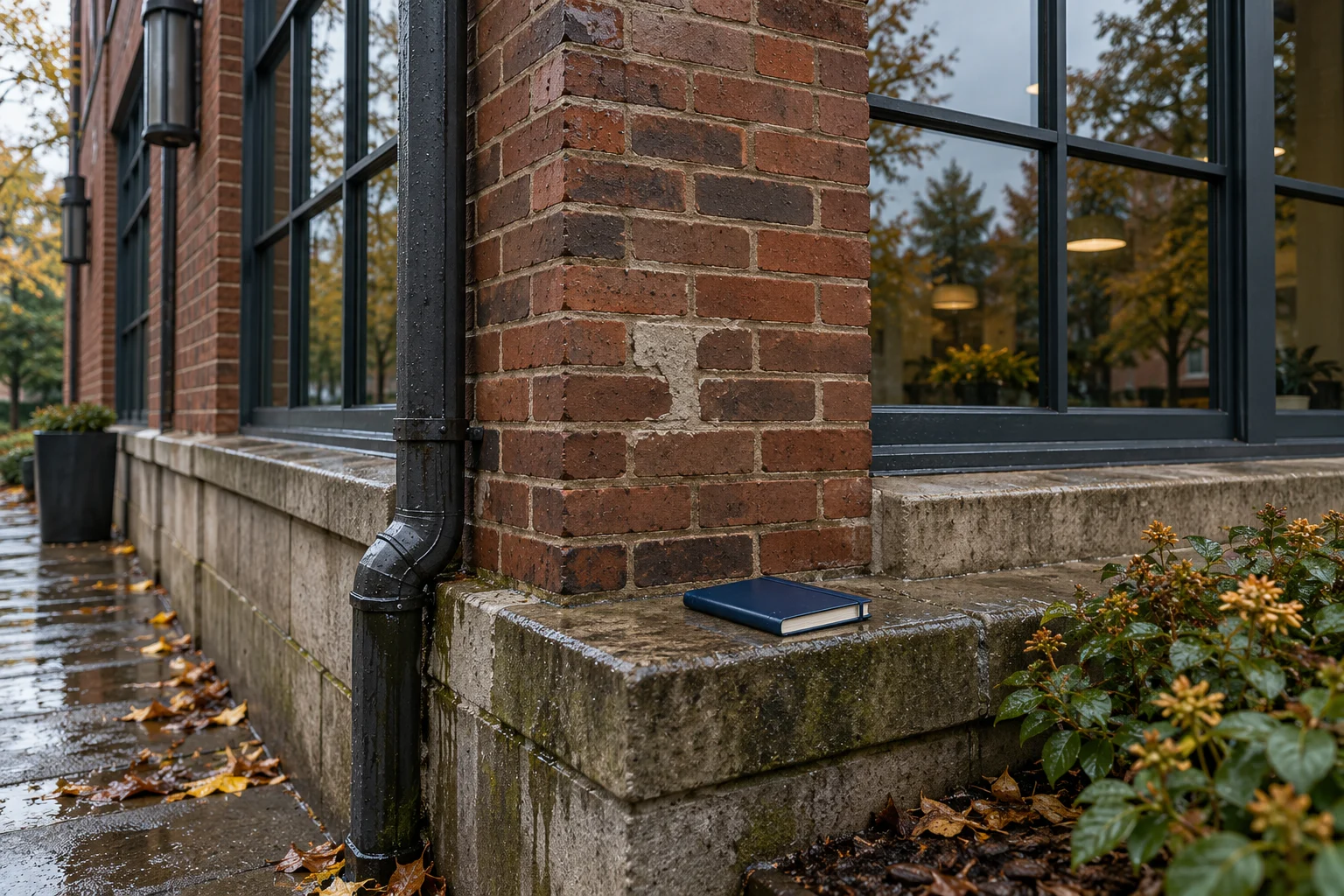 Close inspection view of a commercial building after rain