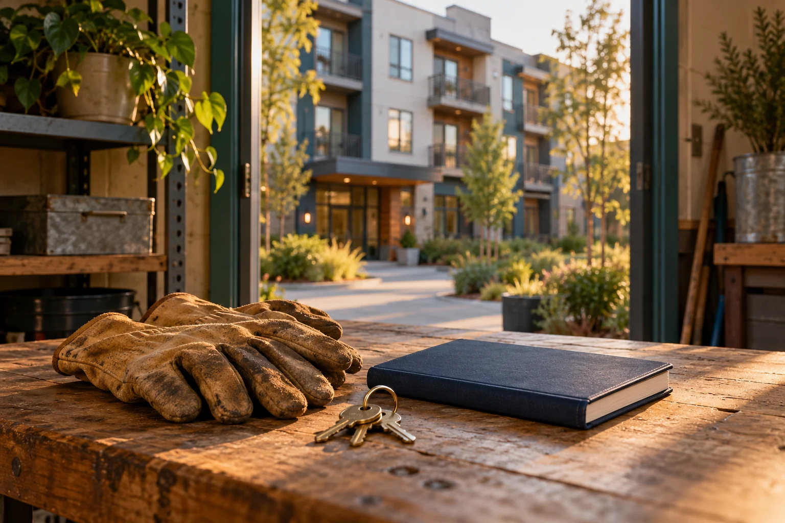 Property keys and work gloves laid down before an apartment building