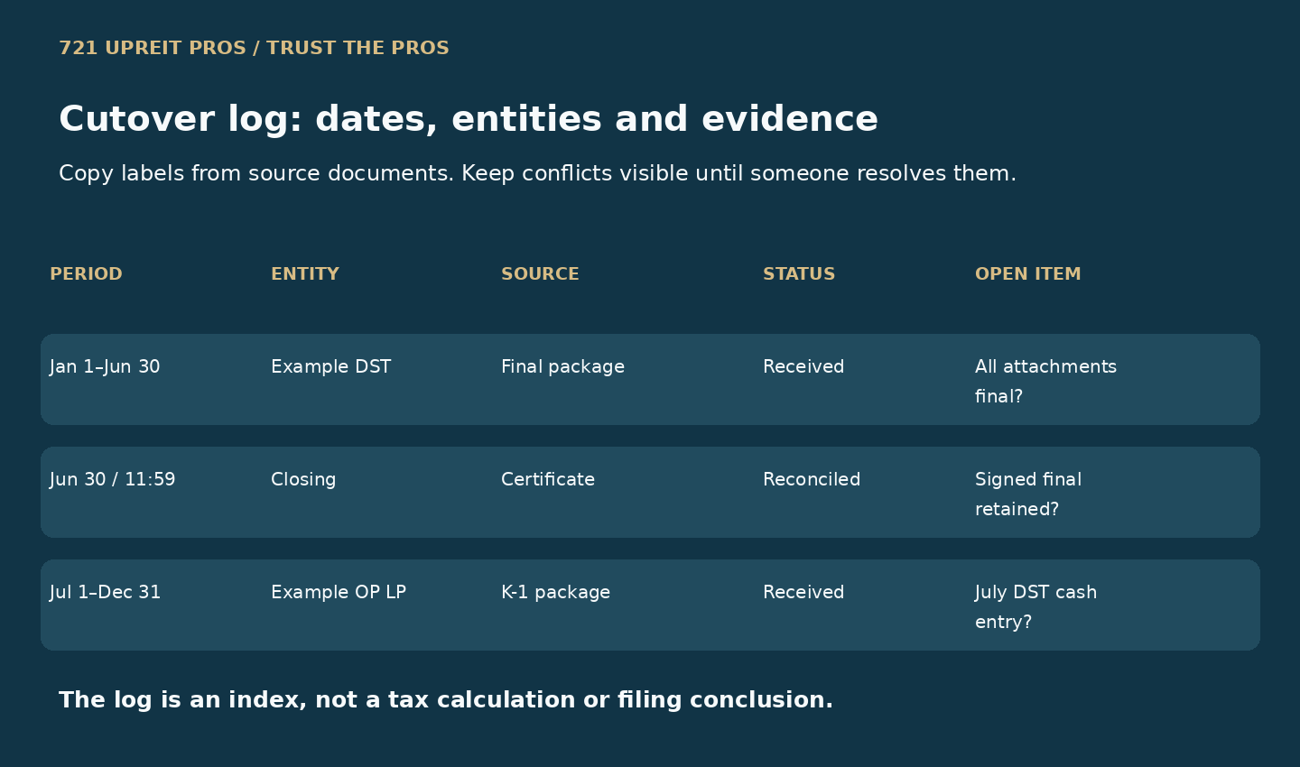Dated DST-to-OP-unit cutover log matching periods, entities, source documents and unresolved items